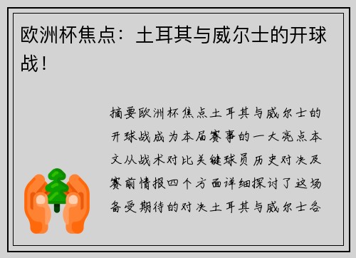 欧洲杯焦点：土耳其与威尔士的开球战！